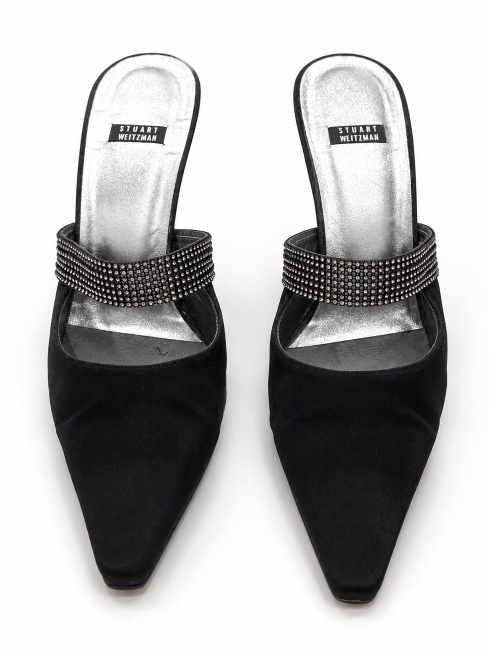 Stuart Weitzman Vintage Black Satin Rhinestone Kitten Heel Mules Y2K - 7.5 Size